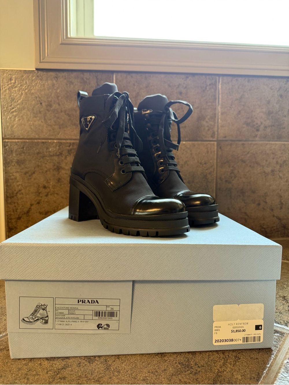 Prada Black Leather Lace-Up Lug Heel Boots